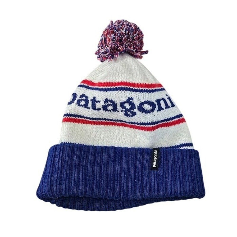Patagonia Powder Town Beanie White Blue Red Knit Pom Pom Hat One Size Unisex